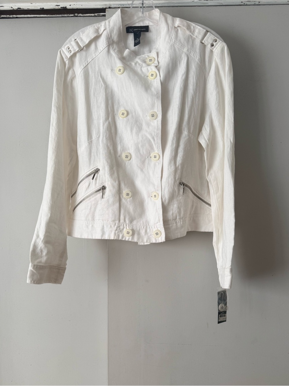 INC International Concepts Linene Off-White Double-Breasted Zip Pocket Jacket